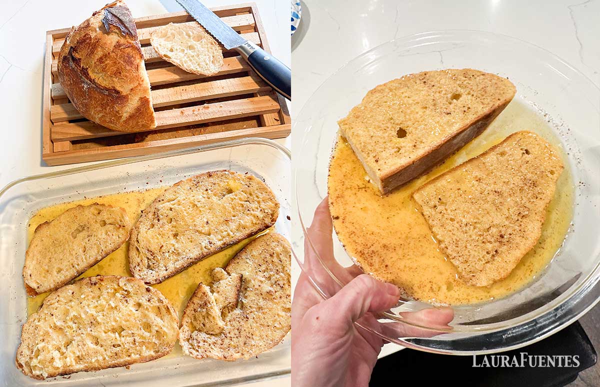 sourdough french toast soaking in a pan before cooking