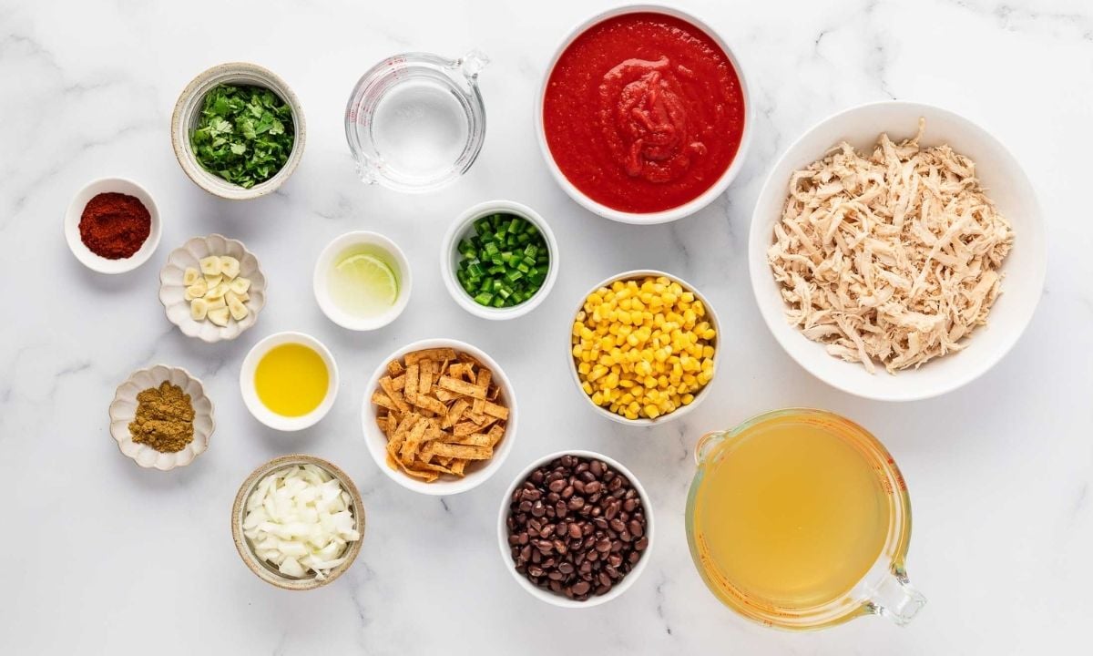 Ingredients for rotisserie chicken tortilla soup, including shredded rotisserie chicken, chicken broth, tomato puree, black beans, corn, onion, garlic, tortilla strips, cilantro, jalapeño, and spices arranged on a marble countertop.