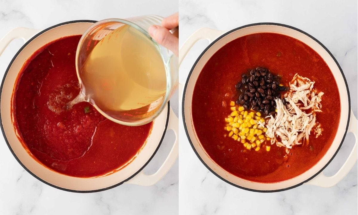 Side-by-side view of rotisserie chicken tortilla soup preparation, showing chicken broth added to tomato base and shredded chicken, black beans, and corn added to the pot.