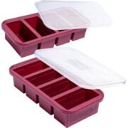 two sets of maroon souper cubes with white lids
