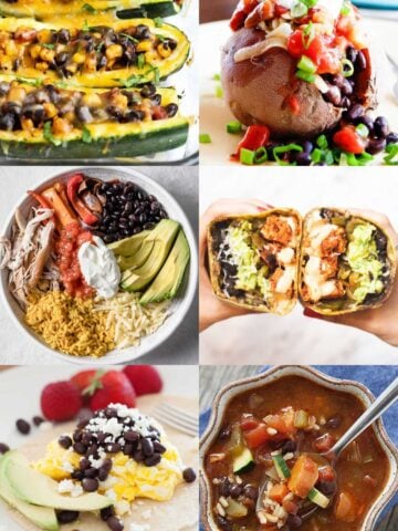 an image collage of six black bean recipes