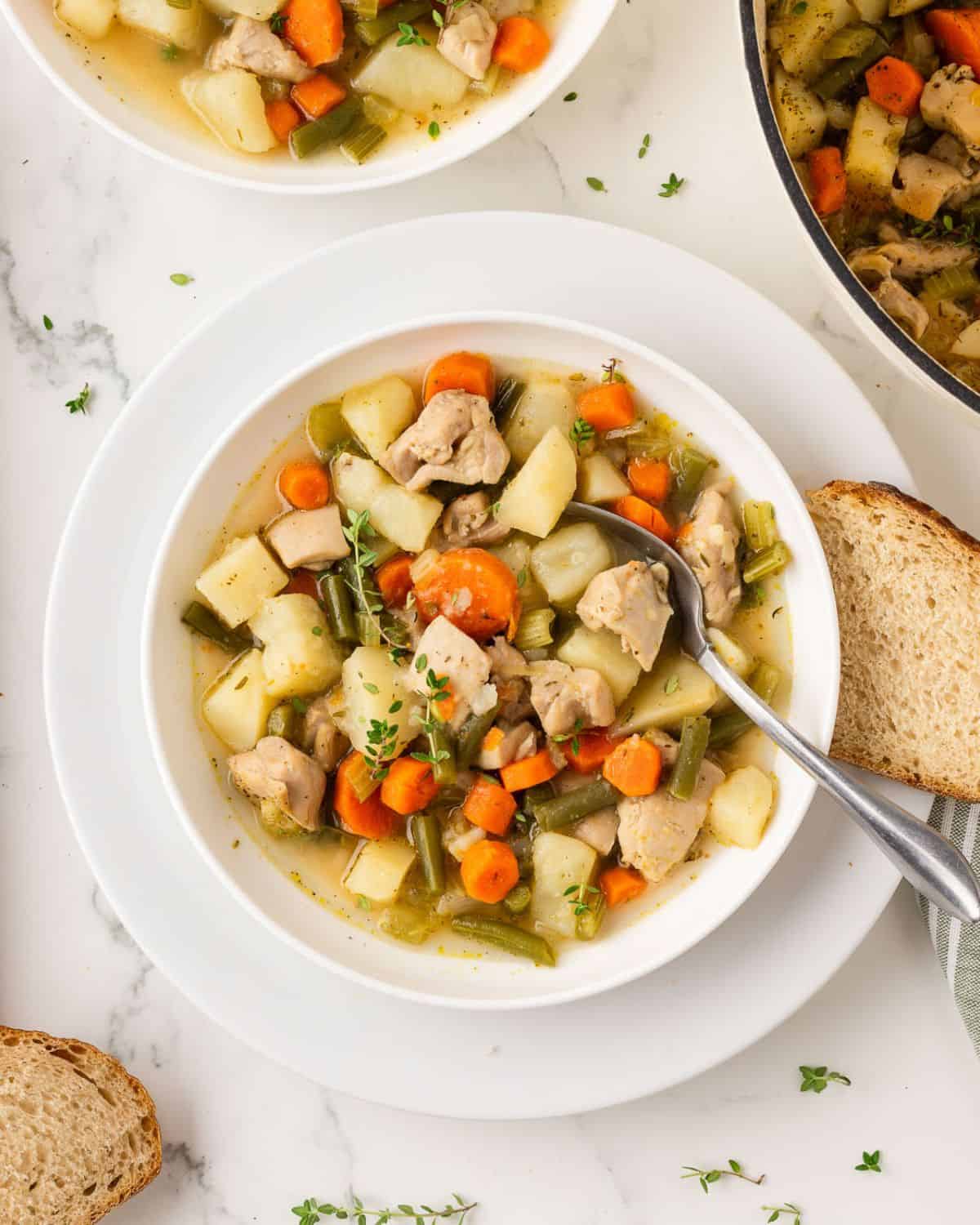 overhead view of chicken potato stew in a bowl