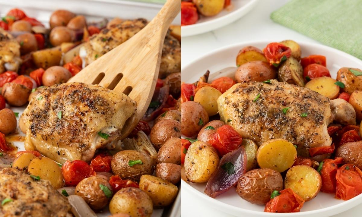 side by side image of sheet pan chicken thigh being served out of the pan and on the right, the thigh is on a plate with potatoes, tomatoes, and roasted onions.