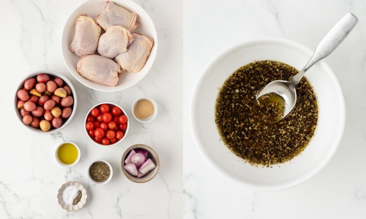 side by side image. left are the ingredients needed to make sheet pan chicken thighs with potatoes and cherry tomatoes. on the right the olive oil and herbs have been mixed in a bowl to make a wet seasoning