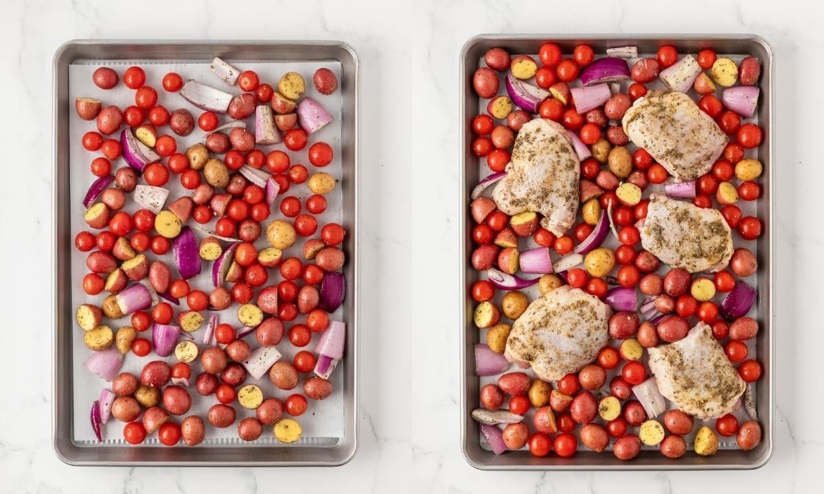 side by side image of two sheet pans. on left are the veggies and potatoes on the sheet pan and on the right, the chicken thighs have been added to the sheet pan before cooking