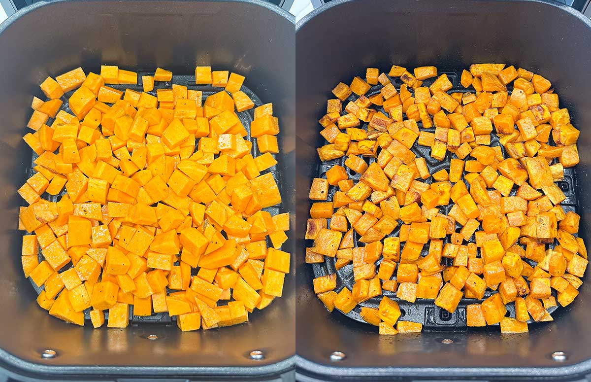 side by side images of cubed sweet potatoes in an air fryer before and after cooking