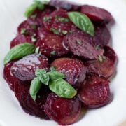 top view of a bowl with cold beet salad