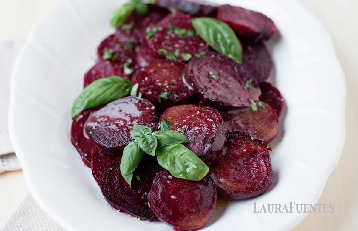 top view of a bowl with cold beet salad