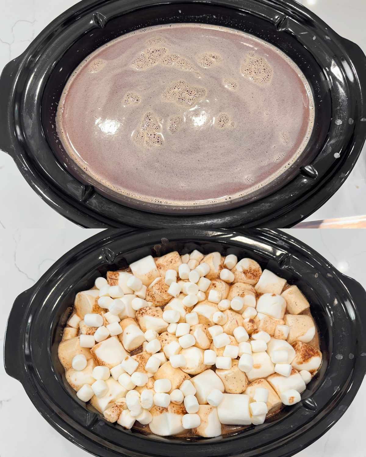 on top: crockpot with hot cocoa; on the botton: the same crockpot topped with marshmallows