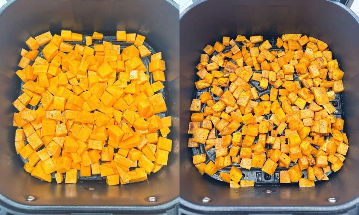 side by side images of cubed sweet potatoes in an air fryer before and after cooking