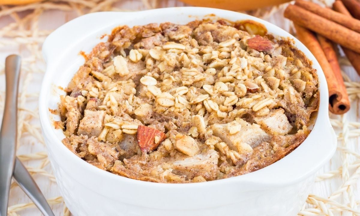 a bowl of pear baked oatmeal