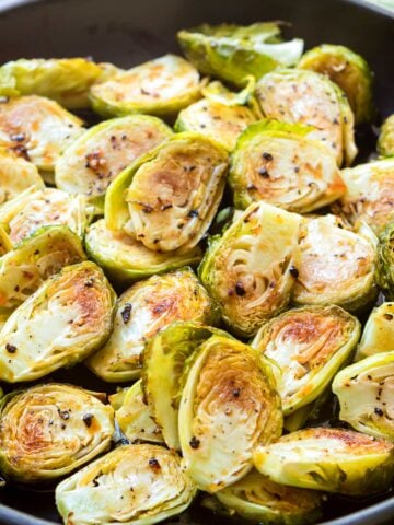 a dish with cooked Brussels sprouts