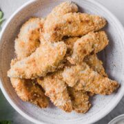 top view of a dish with coconut chicken tenders
