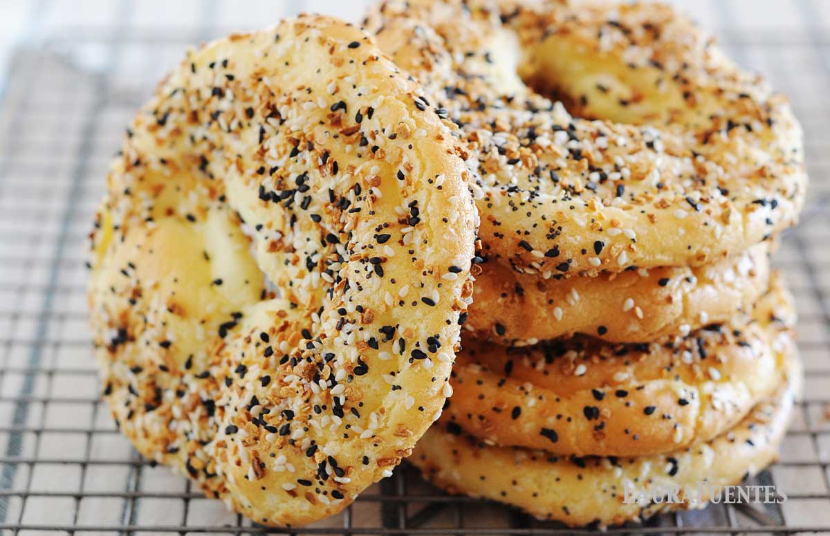 a stack of cloud bread bagel over a cooling rack