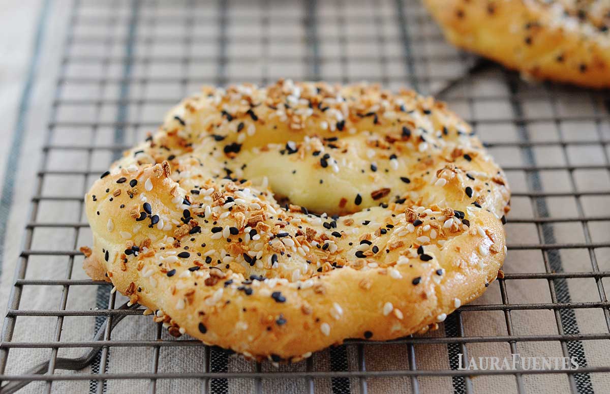 a cloud bread bagel over a cooling rack