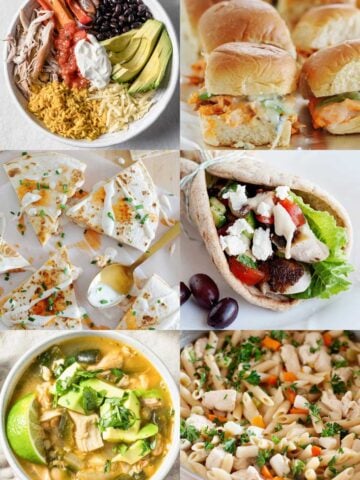 an image collage of leftover rotisserie chicken recipes
