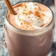 a cup of hot chocolate with a cinnamon stick