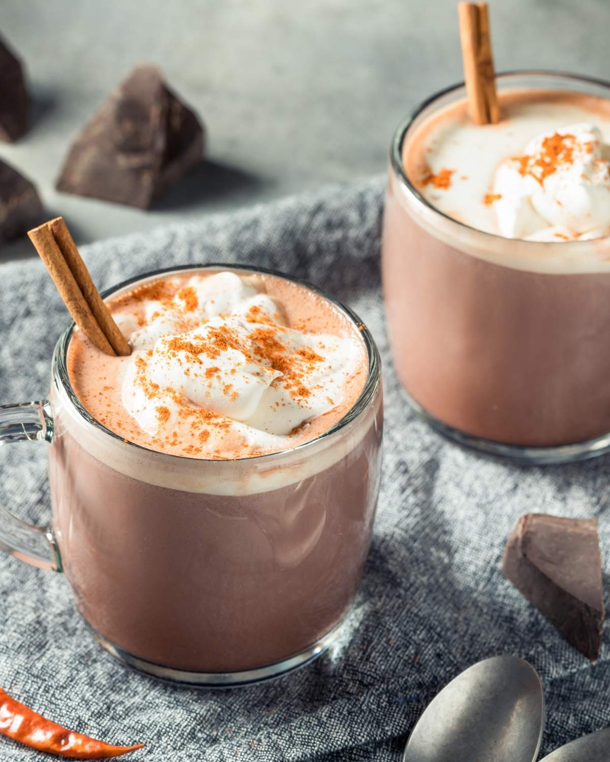 two cups with spicy hot chocolate and cinnamon sticks