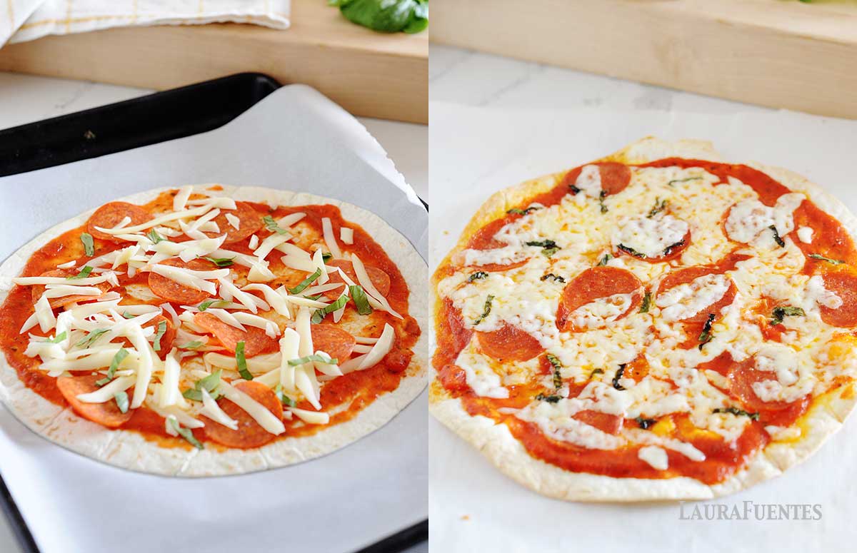 side by side of tortilla pizza before and after cooking