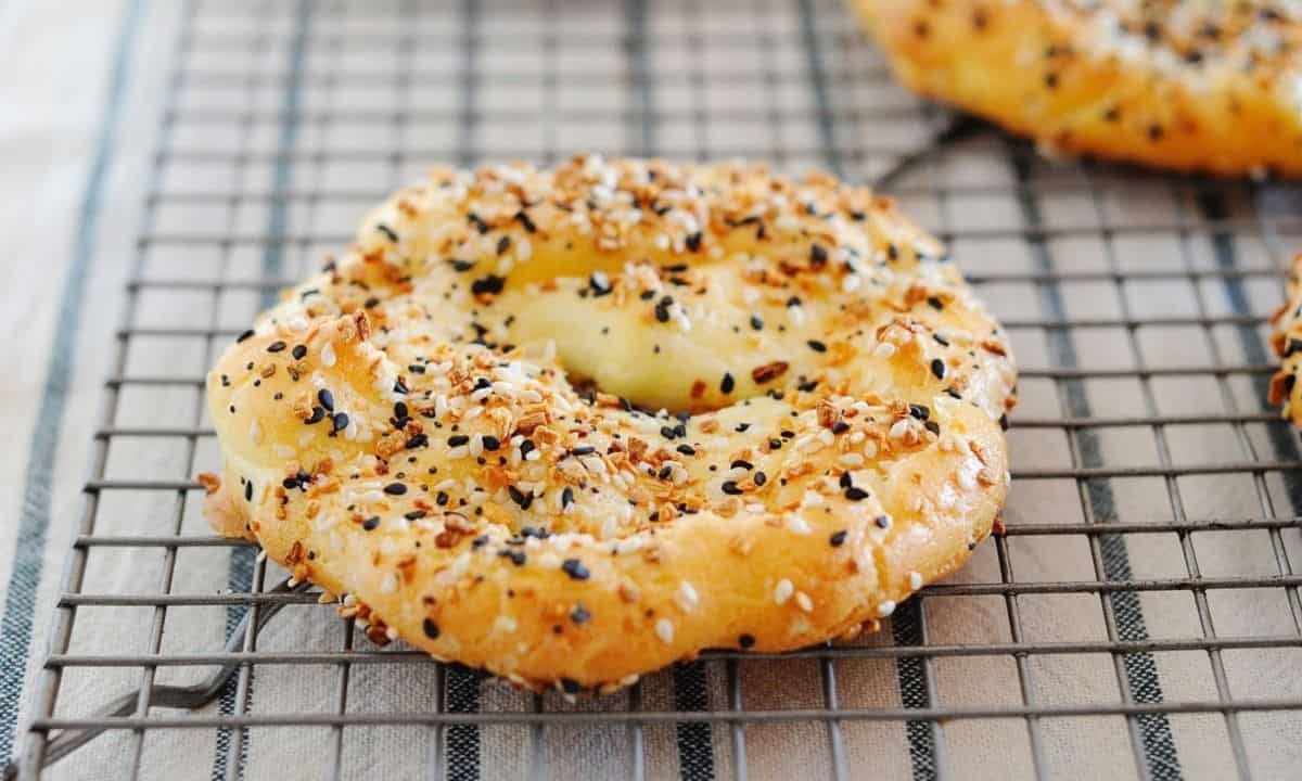 cloud bread bagel over a cooling rack