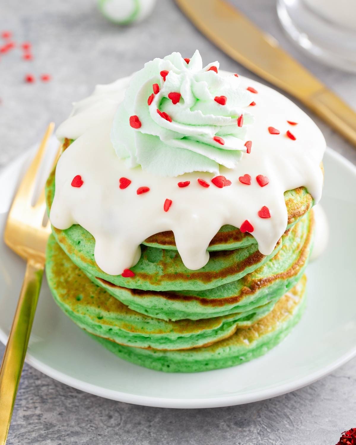 closeup of glaze poured over green pancakes