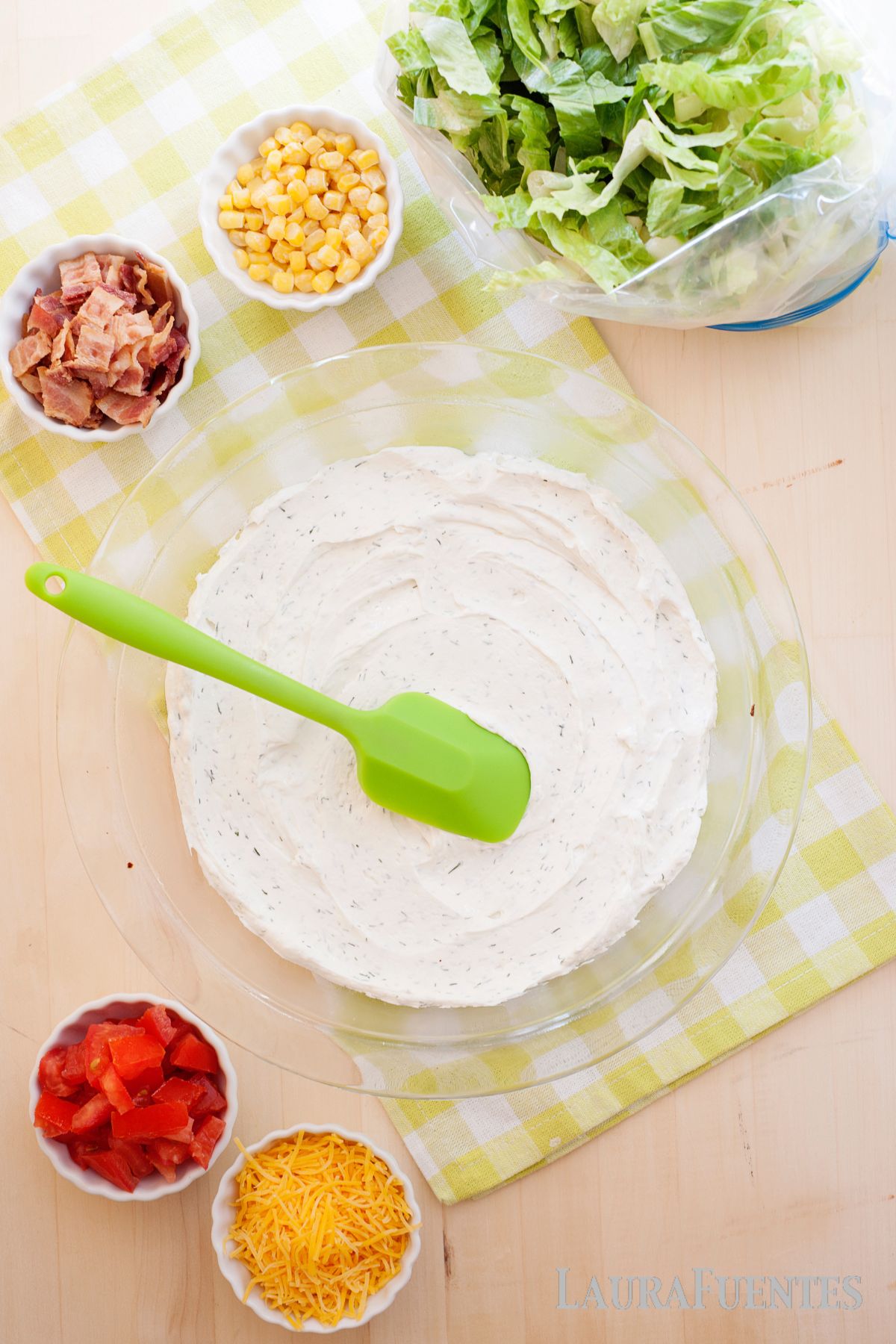 Cobb salad dip in a glass bowl
