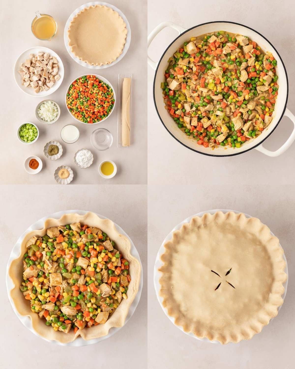 4 image collage for chicken pot pie recipe. Top left shows all the ingredients overhead, top right is cooking the filling on a large pan, bottom left is an overhead view of the pie dish with the bottom pie crust layer and the filling in it, and bottom right is after the chicken pot pie has been covered with the second pie dough before baking showing the slits on top to vent the air out