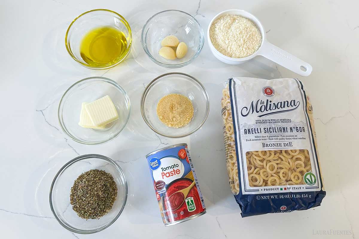 ingredients for homemade spaghettios laid out on a countertop