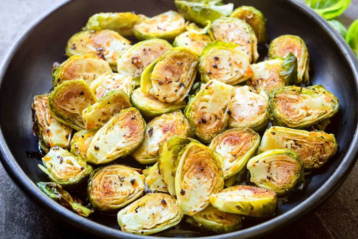 a dish with cooked Brussels sprouts