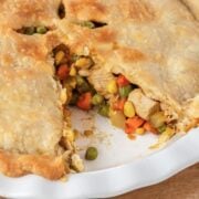 view or a sliced chicken pot pie made with rotisserie chicken