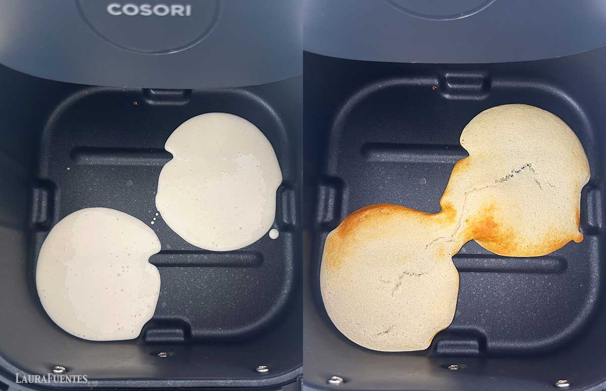 two photos of pancakes cooking in the air fryer