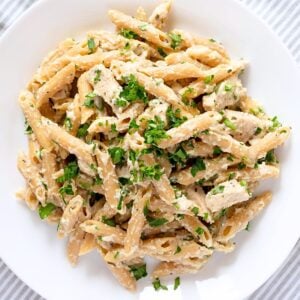 top view of pasta penne with Alfredo sauce