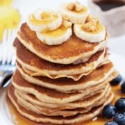 large stack of banana cottage cheese pancakes