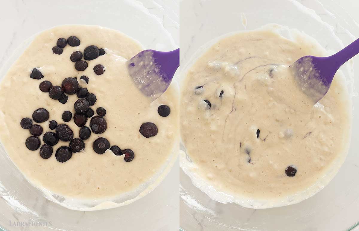side by side images of blueberries in pancake batter