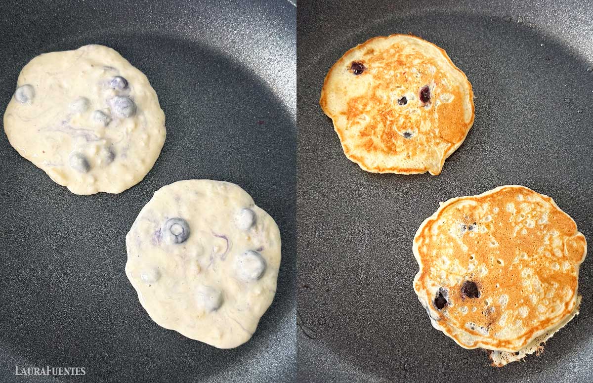 side by side images of blueberry banana pancakes cooking on a pan before and after flipping
