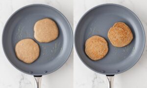 side by side image of cooking cottage cheese oat pancakes on a pan. on left is the first side and on the right, after flipping the pancakes over