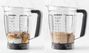 two images side by side of making the batter in a blender for cottage cheese oatmeal pancakes. on left, all ingredients in the blender. on the right, they've been blended.