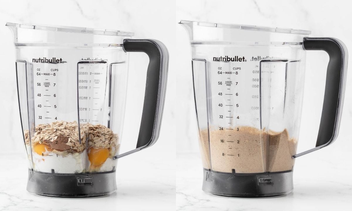 two images side by side of making the batter in a blender for cottage cheese oatmeal pancakes. on left, all ingredients in the blender. on the right, they've been blended.