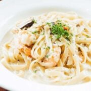 pasta bowl of shrimp alfredo