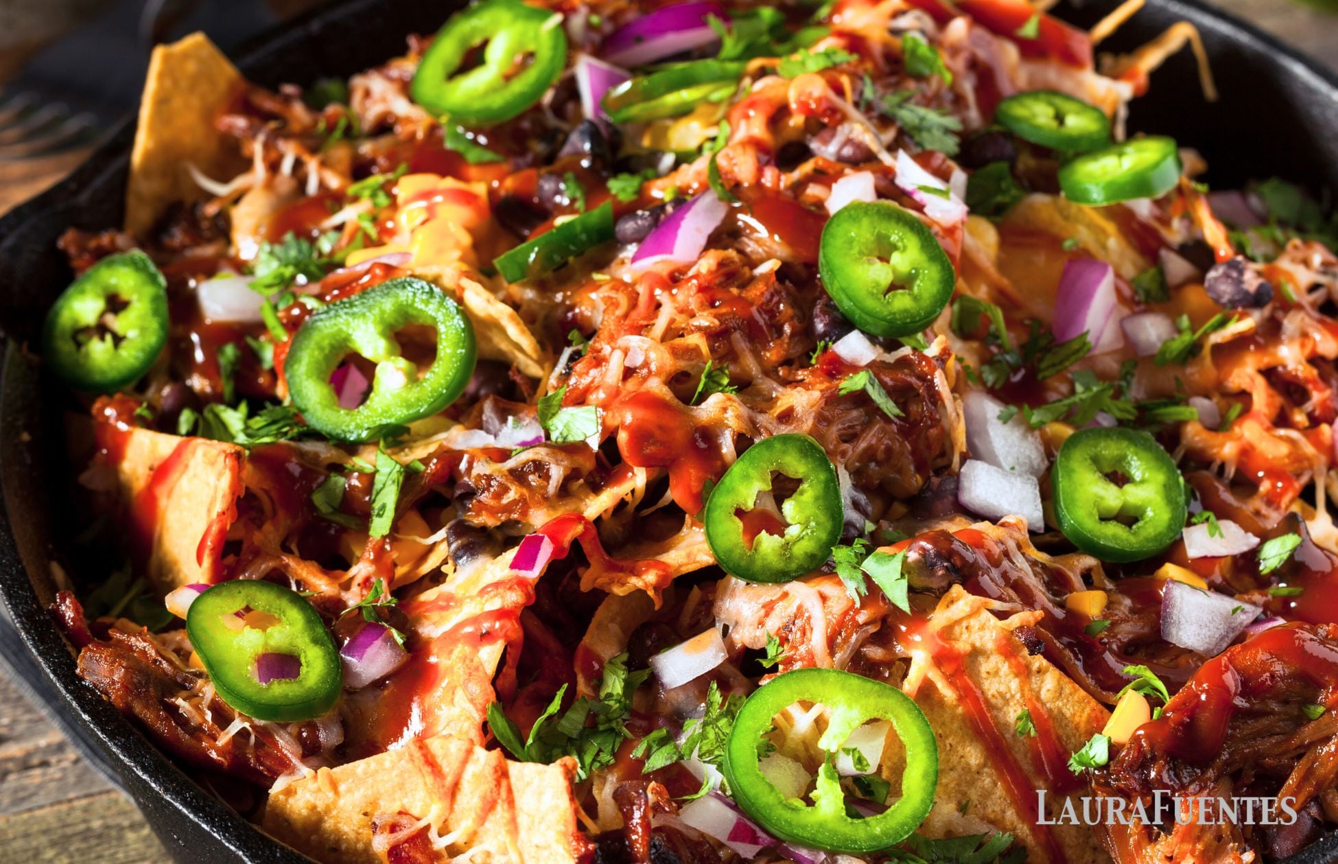 skillet of pulled pork tacos