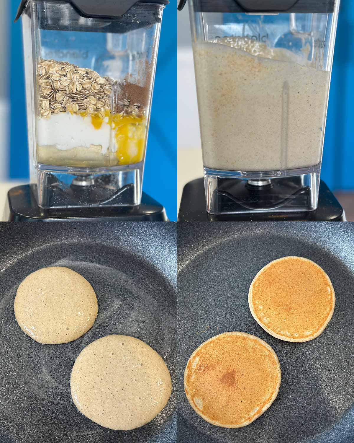4 step collage of making cottage cheese banana oat pancakes. top left is all ingredients in the blender, top right is the batter made in the blender. bottom left has two pancakes cooking in a pan and bottom right has two pancakes cooking on the second side after flipping. 