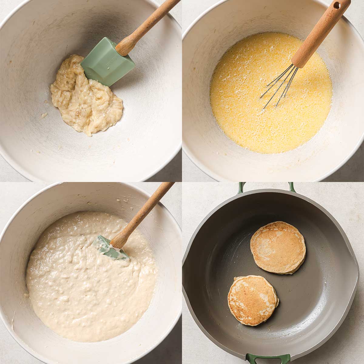 steps showing how to make banana pancakes in a collage. top left is a bowl with mashed bananas, top right is the same bowl with the wet ingredients mixed, bottom left is the banana pancake batter mixed, and bottom right are two banana pancakes cooked in a non stick pan.