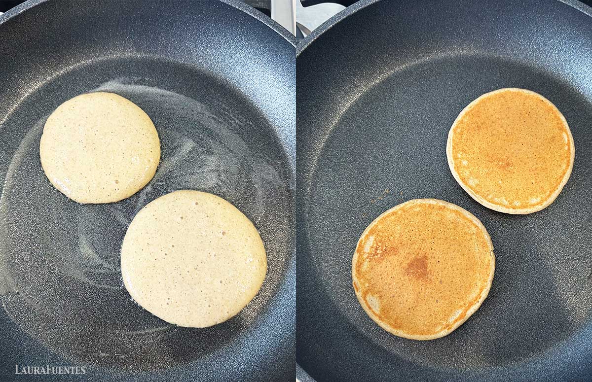 cottage cheese oatmeal pancakes cooking in a pan