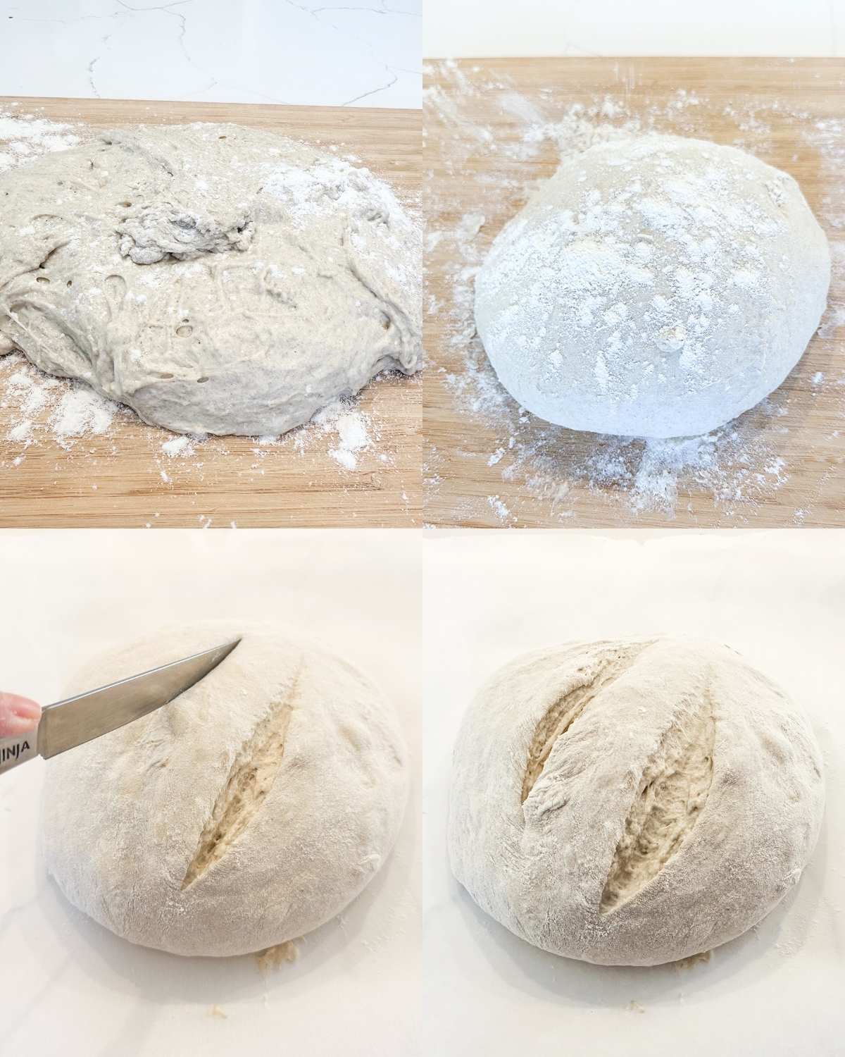 A four-image collage showing steps for making no-knead Dutch oven bread.
Top left: Sticky, risen dough onto a floured wooden board.
Top right: The dough has been shaped into a floured round loaf.
Bottom left: A knife slices a long score across the top of the loaf.
Bottom right: The scored round loaf.
