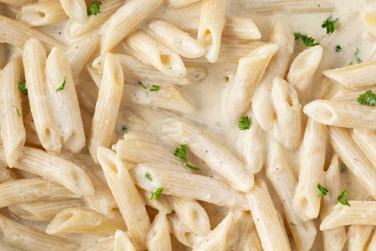 top view of pasta penne with Alfredo sauce