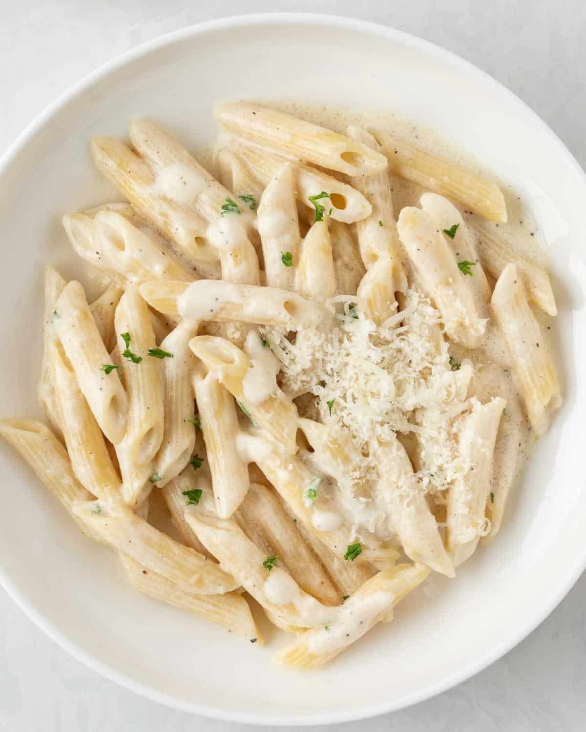 pasta penne with Alfredo sauce in a white dish