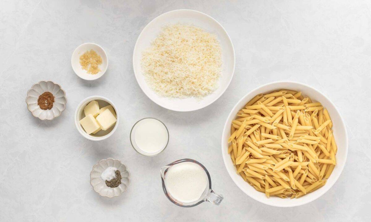 ingredients for alfredo sauce: penne pasta, butter, garlic, half-and-half, milk, grated Parmesan cheese, salt and pepper.