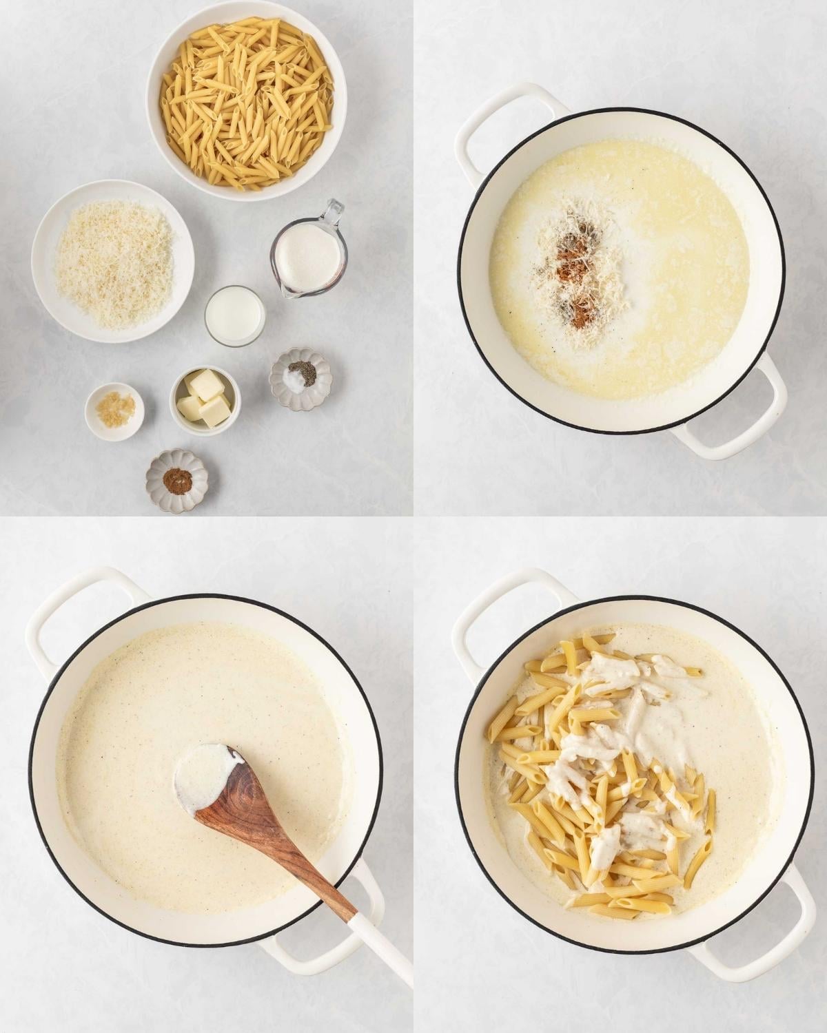 A step-by-step collage showing penne alfredo being made, with penne pasta and cream sauce ingredients laid out, butter and cream simmering with seasonings, the sauce stirred until smooth and creamy, and cooked penne tossed into the alfredo sauce in a pot.