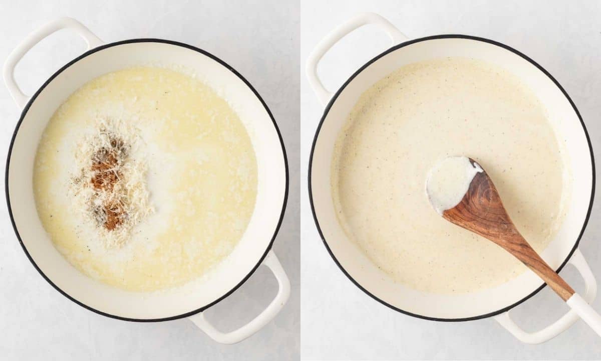 butter and cream simmering with seasonings, the sauce stirred until smooth and creamy, and cooked penne tossed into the alfredo sauce in a pot.