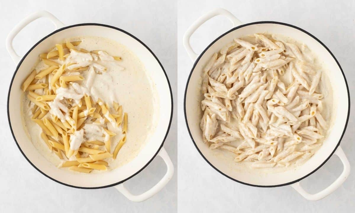 left: a pot with pasta being added to alfredo sauce; right: pasta tossed with the sauce